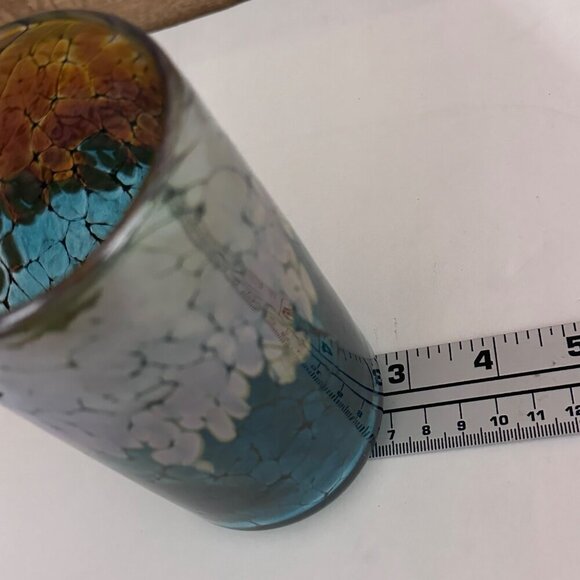 Handcrafted Hand Blown Glass Tumbler Short Vase w Reflective Iridescent Colors - Picture 7 of 16